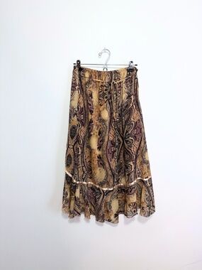 Brown Paisley Print Midi Flowy Skirt M